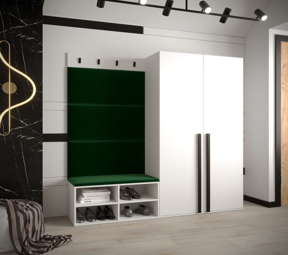 Veneti Predsieňový nábytok s čalúnenými panelmi HARRISON - biely, zelené panely